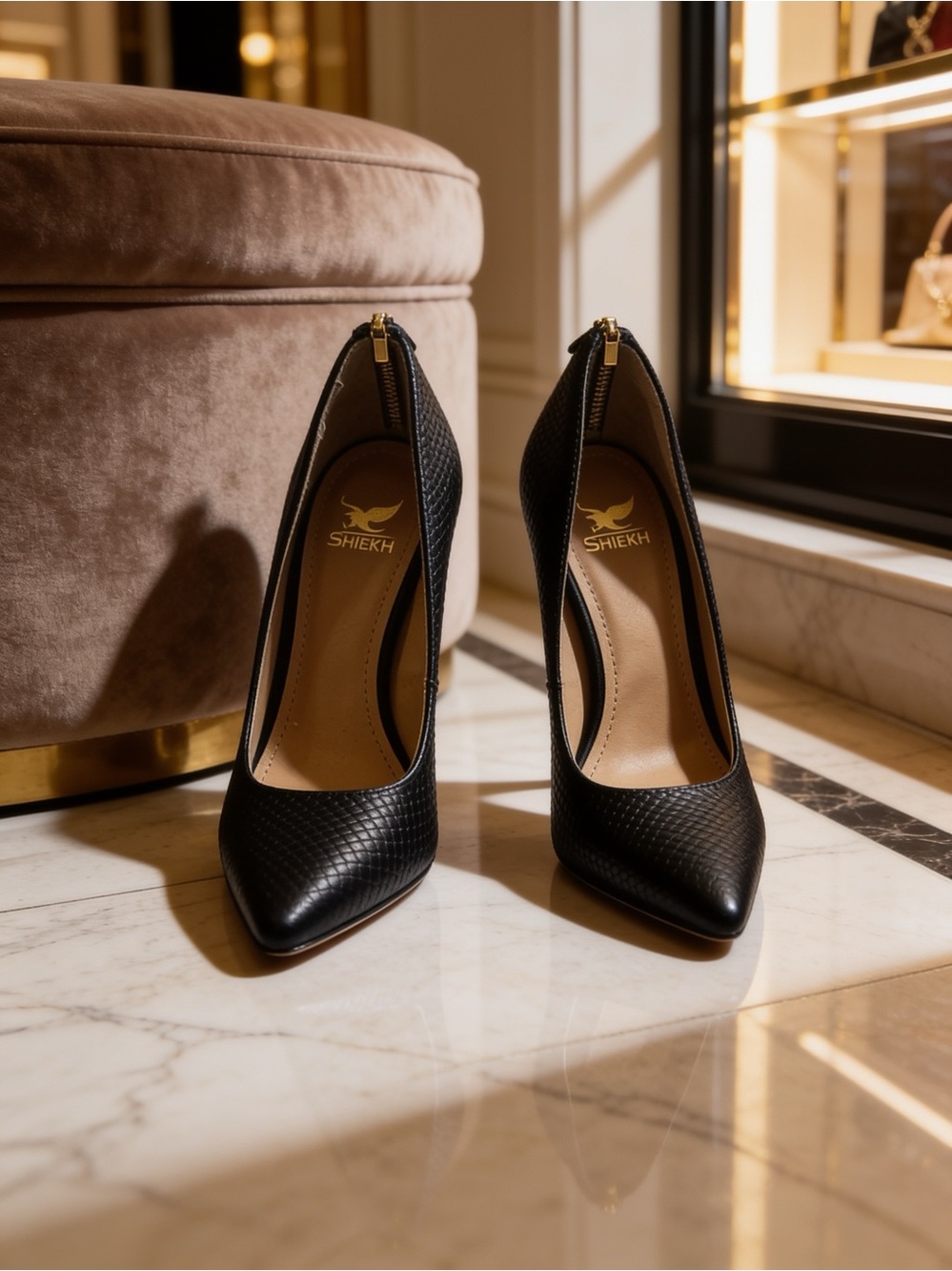Shiekh Black Textured Pointed Toe High Heel Pumps with Gold Back Zipper